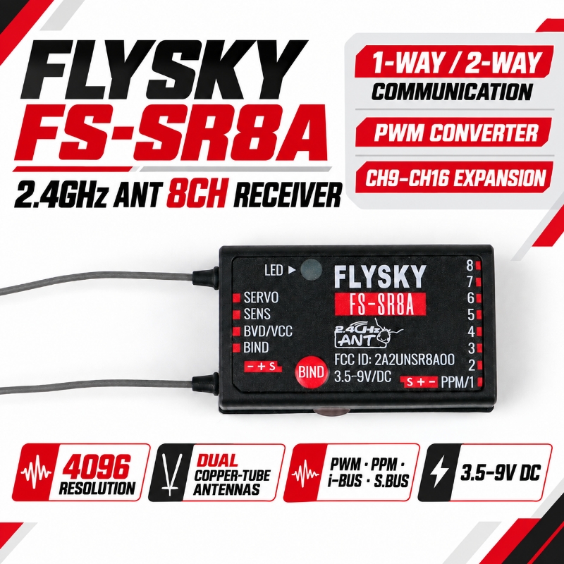 Radio Transmitter 2.4Ghz - FLYSKY FS-SR8A 8チャンネル 2.4GHz アンテナ受信機。FS-ST8送信機に対応。RCカー、飛行機、ヘリコプター、FPVドローンモデル用。デュアル銅線アンテナ搭載。