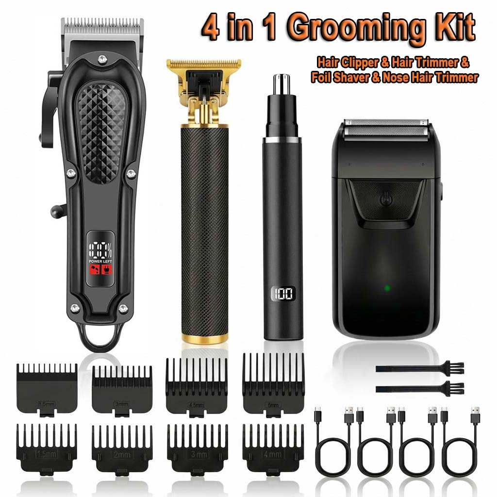4 In 1 Esc - 4in1メンズヘアクリッパーセット。コードレス電動トリマー、フォイルシェーバー、鼻毛カッター、ひげトリマー、USB充電式グルーミングキット。LEDディスプレイ付き。複数のガイドコーム付属。